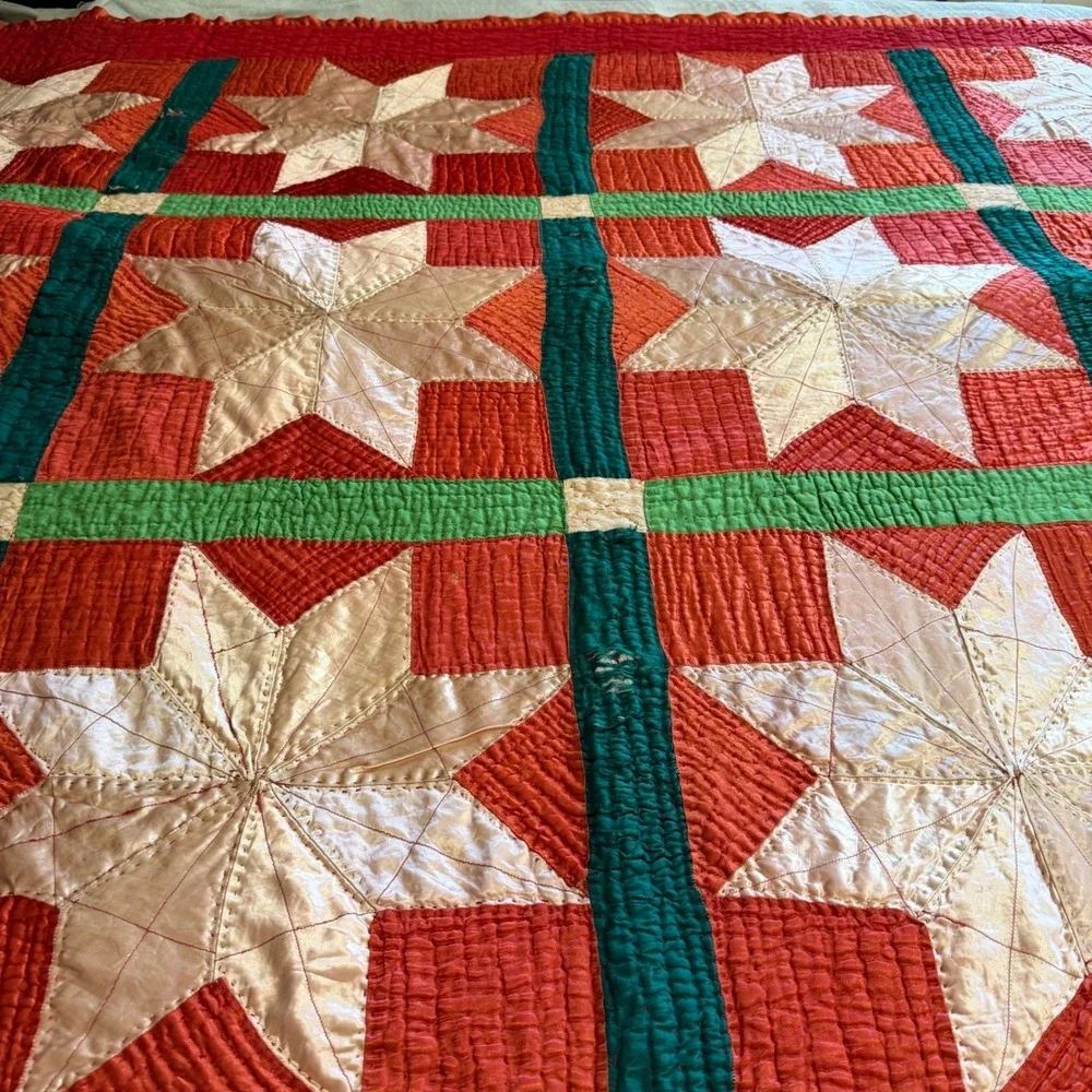 VTG Handmade Satin Patchwork Quilt Red Geometric Star 83x68 for REPAIR/REPURPOSE